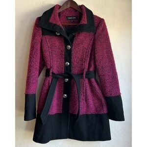 Black Rivet Belted Trench Coat Peacoat M A Line Pink Black Edgy Bold Tweed Retro